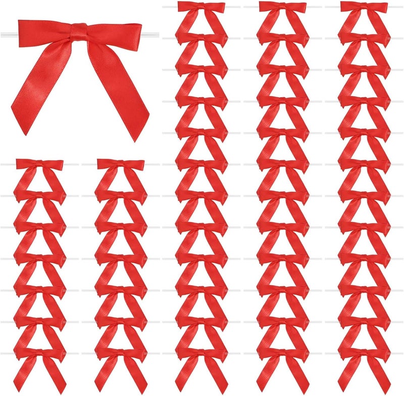 Sokfone Red Ribbon Bows for Crafts Twist Tie Red Bows for Christmas Premade Gift Bows for Treat Bags Cake Pop Crafts Gift Bag Wedding Favors Goodies Bagging,Christmas DIY Party Decorations - 50 Counts - Image 1